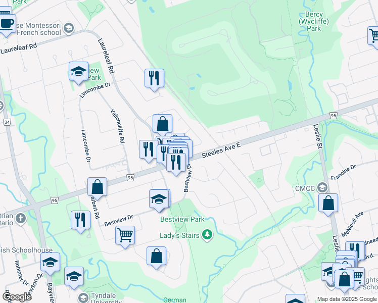 map of restaurants, bars, coffee shops, grocery stores, and more near 84 Apricot Street in Markham