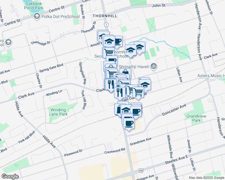 map of restaurants, bars, coffee shops, grocery stores, and more near 7330 Yonge Street in Markham