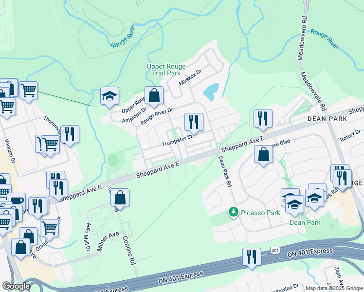 map of restaurants, bars, coffee shops, grocery stores, and more near 5 Ecopark Gate in Toronto