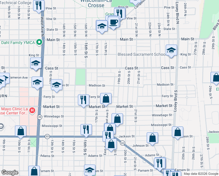 map of restaurants, bars, coffee shops, grocery stores, and more near 430 18th Place South in La Crosse