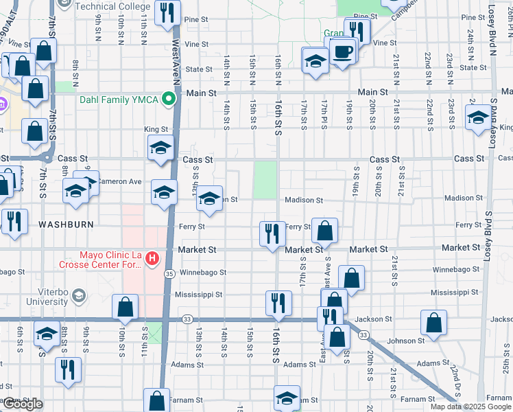 map of restaurants, bars, coffee shops, grocery stores, and more near 520 15th Street South in La Crosse