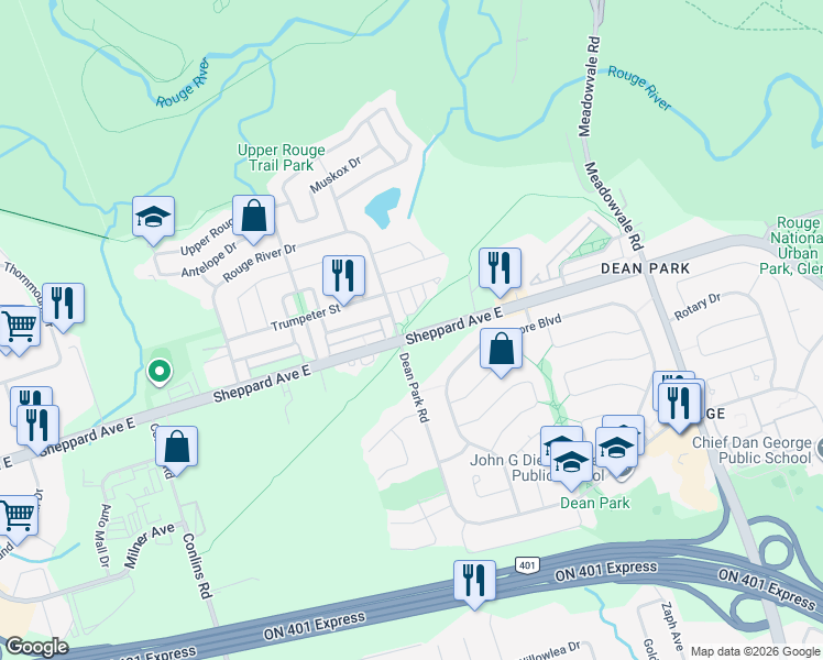 map of restaurants, bars, coffee shops, grocery stores, and more near 9310 Sheppard Avenue East in Toronto