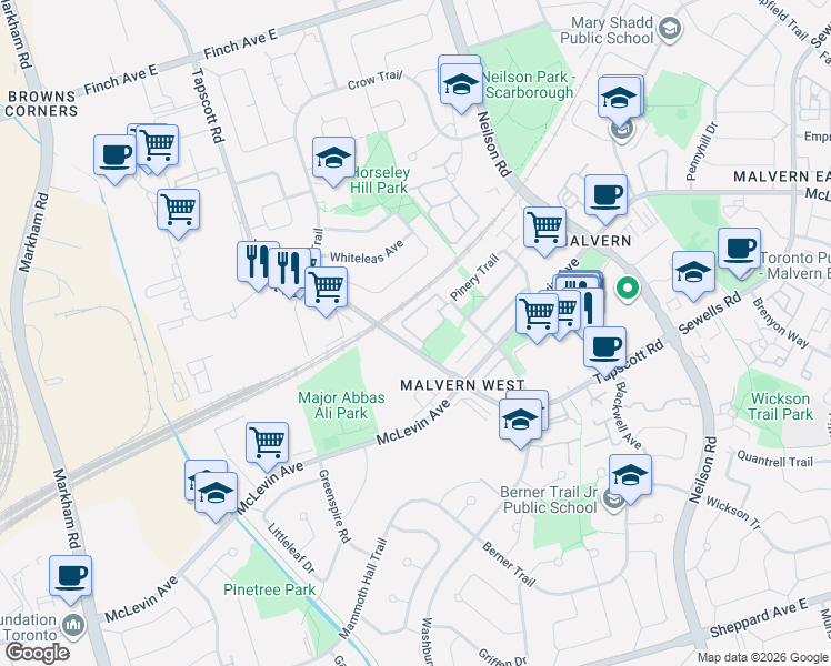 map of restaurants, bars, coffee shops, grocery stores, and more near 42 Pinery Trail in Toronto
