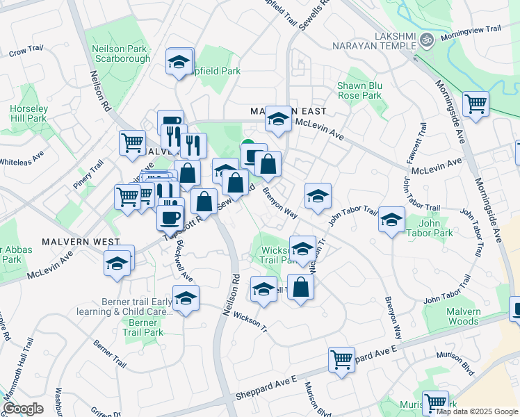 map of restaurants, bars, coffee shops, grocery stores, and more near 250 Brenyon Way in Toronto