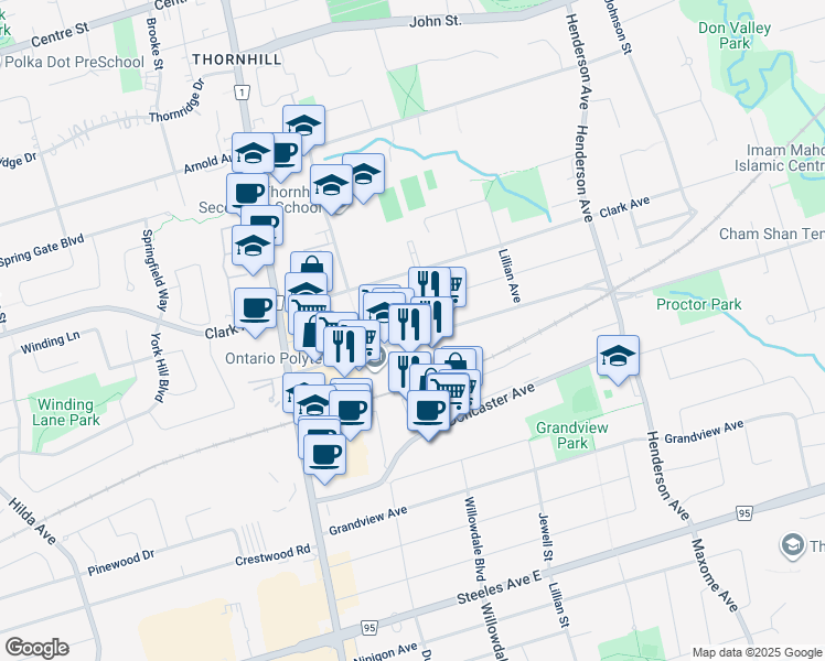 map of restaurants, bars, coffee shops, grocery stores, and more near 52 Glen Cameron Road in Markham