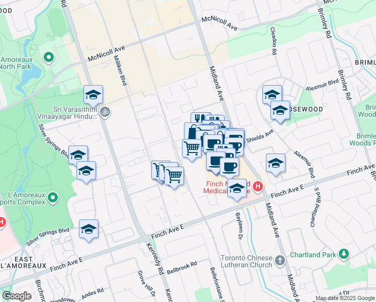 map of restaurants, bars, coffee shops, grocery stores, and more near 100 Silver Star Boulevard in Toronto