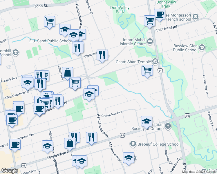 map of restaurants, bars, coffee shops, grocery stores, and more near 24 Dalmeny Road in Markham