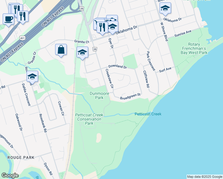 map of restaurants, bars, coffee shops, grocery stores, and more near 600 Creekview Circle in Pickering