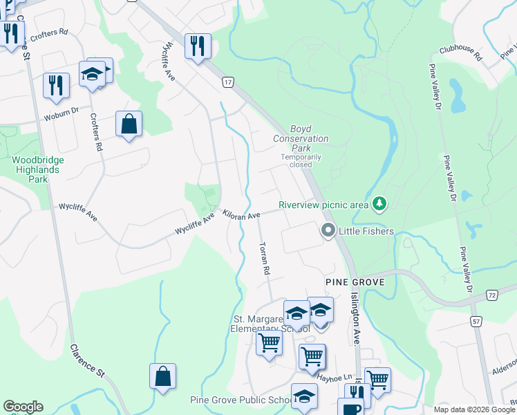 map of restaurants, bars, coffee shops, grocery stores, and more near 102 Kiloran Avenue in Vaughan