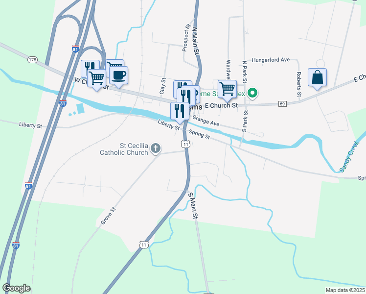 map of restaurants, bars, coffee shops, grocery stores, and more near 19 Main Street in Adams