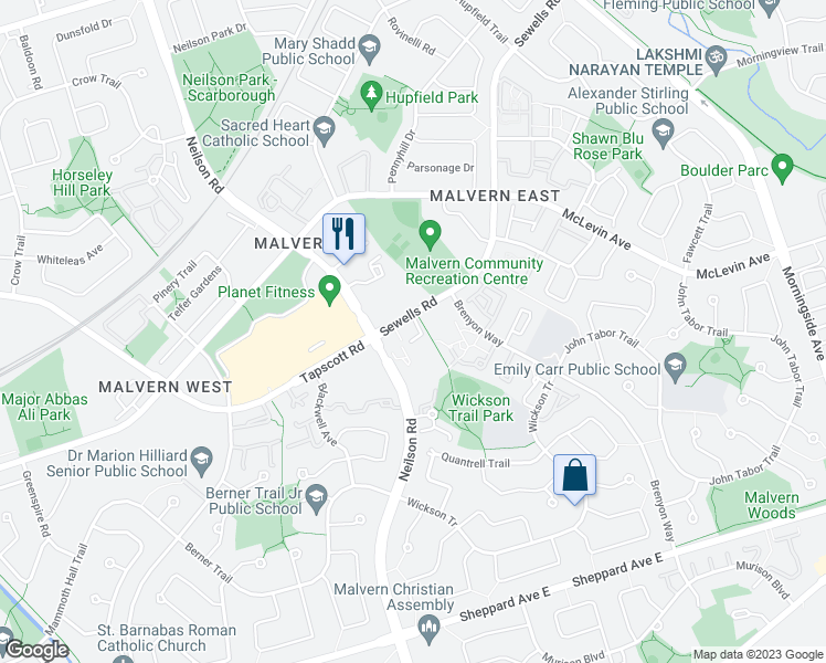 map of restaurants, bars, coffee shops, grocery stores, and more near 250 Brenyon Way in Toronto