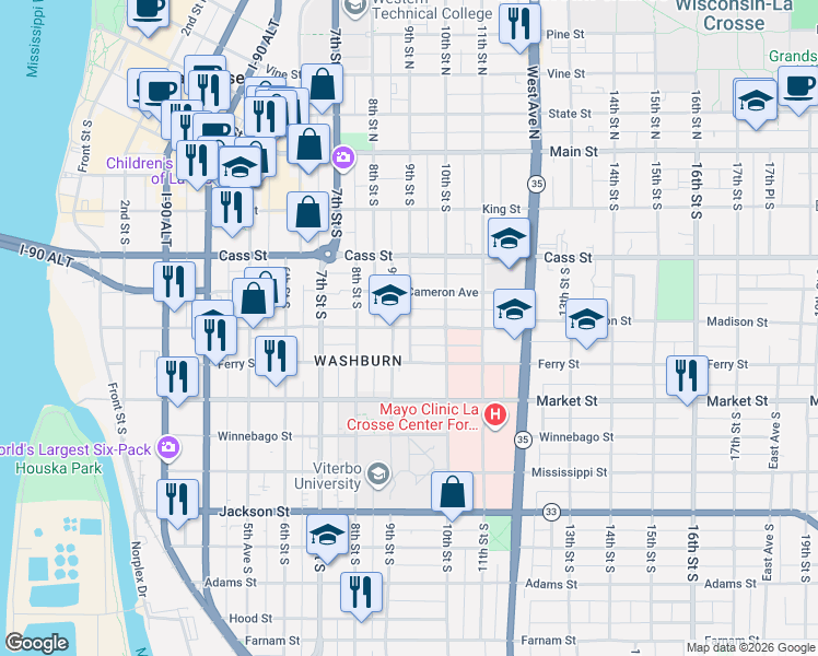 map of restaurants, bars, coffee shops, grocery stores, and more near 925 Ferry Street in La Crosse