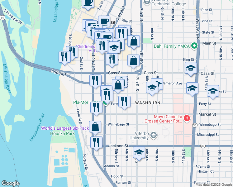 map of restaurants, bars, coffee shops, grocery stores, and more near 521 Ferry Street in La Crosse