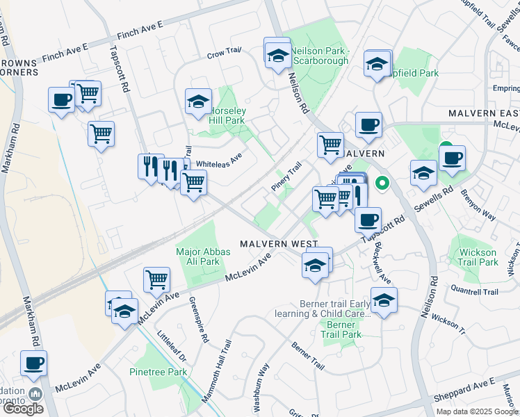 map of restaurants, bars, coffee shops, grocery stores, and more near 42 Pinery Trail in Toronto