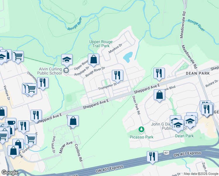 map of restaurants, bars, coffee shops, grocery stores, and more near 31 Ecopark Gate in Toronto