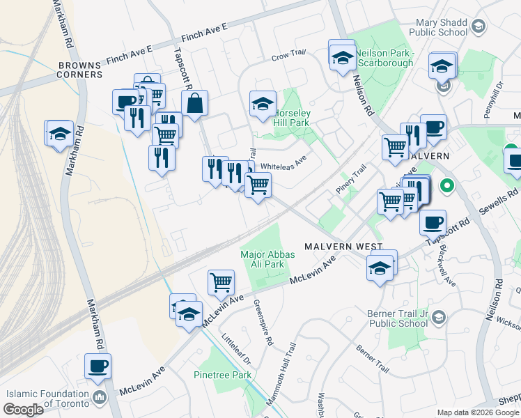 map of restaurants, bars, coffee shops, grocery stores, and more near in Toronto