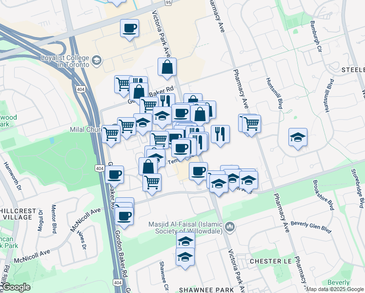 map of restaurants, bars, coffee shops, grocery stores, and more near 3620 Victoria Park Avenue in Toronto
