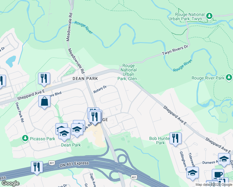 map of restaurants, bars, coffee shops, grocery stores, and more near 47 Rotary Drive in Toronto