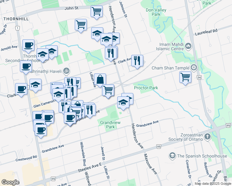 map of restaurants, bars, coffee shops, grocery stores, and more near 100 Henderson Avenue in Markham
