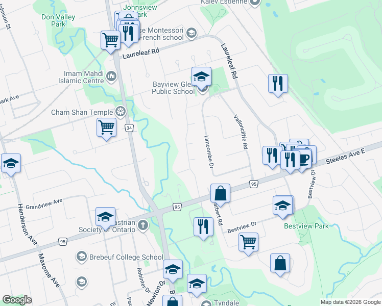 map of restaurants, bars, coffee shops, grocery stores, and more near 17 Old English Lane in Markham
