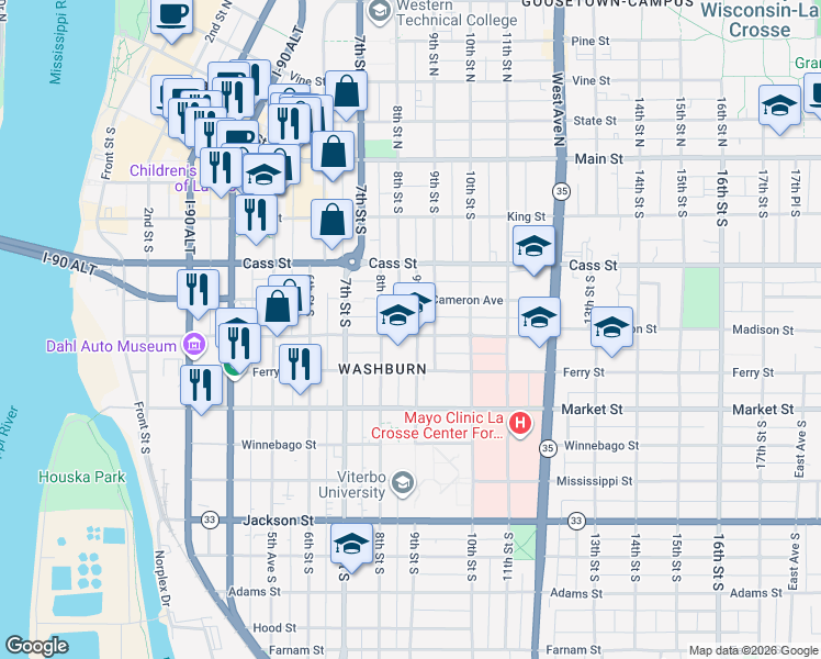 map of restaurants, bars, coffee shops, grocery stores, and more near 402 9th Street South in La Crosse