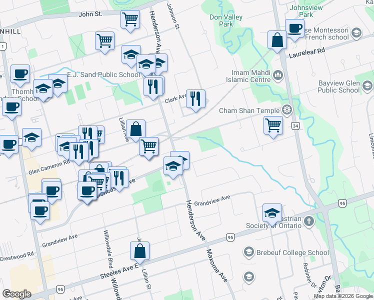 map of restaurants, bars, coffee shops, grocery stores, and more near 85 Henderson Avenue in Markham