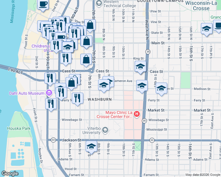 map of restaurants, bars, coffee shops, grocery stores, and more near 402 9th Street South in La Crosse