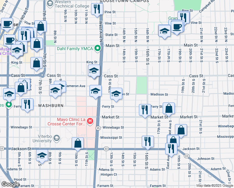map of restaurants, bars, coffee shops, grocery stores, and more near 411 13th Street South in La Crosse