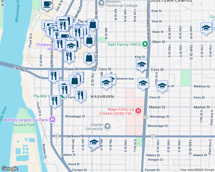 map of restaurants, bars, coffee shops, grocery stores, and more near 402 9th Street South in La Crosse