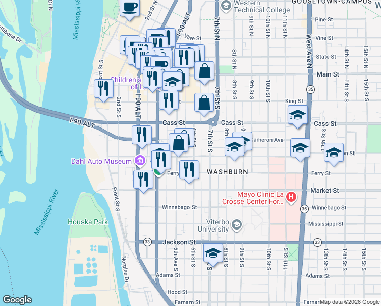 map of restaurants, bars, coffee shops, grocery stores, and more near 511 5th Avenue South in La Crosse