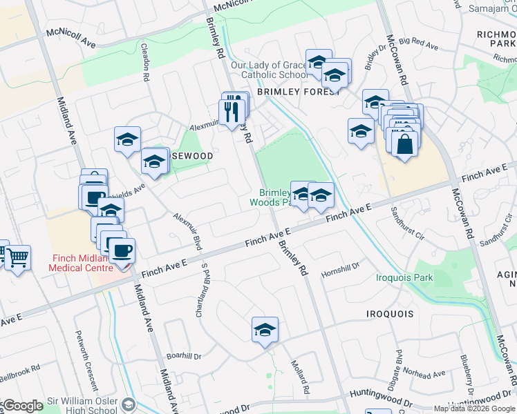 map of restaurants, bars, coffee shops, grocery stores, and more near 64 Bushmills Square in Toronto