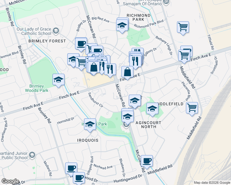 map of restaurants, bars, coffee shops, grocery stores, and more near in Toronto