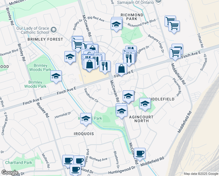 map of restaurants, bars, coffee shops, grocery stores, and more near 2628 McCowan Road in Toronto