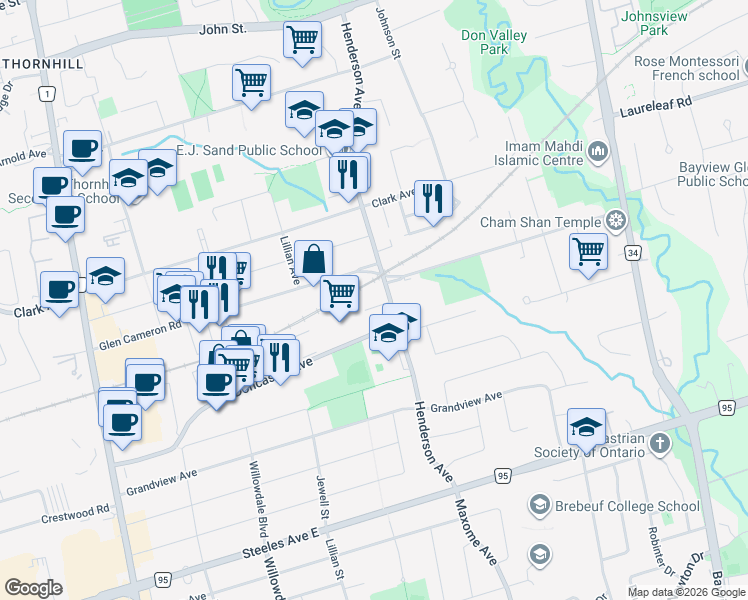 map of restaurants, bars, coffee shops, grocery stores, and more near 100 Henderson Avenue in Markham