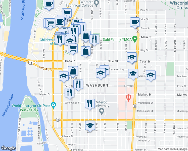 map of restaurants, bars, coffee shops, grocery stores, and more near 721 Division Street in La Crosse