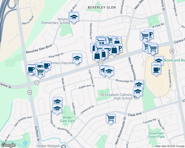map of restaurants, bars, coffee shops, grocery stores, and more near 2 Parsons Place in Vaughan