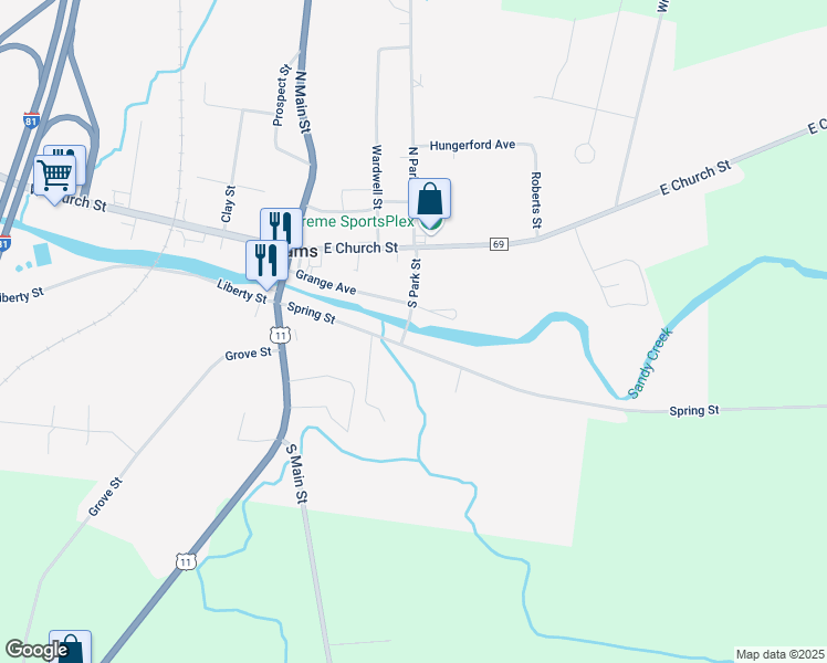 map of restaurants, bars, coffee shops, grocery stores, and more near 20 South Park Street in Adams
