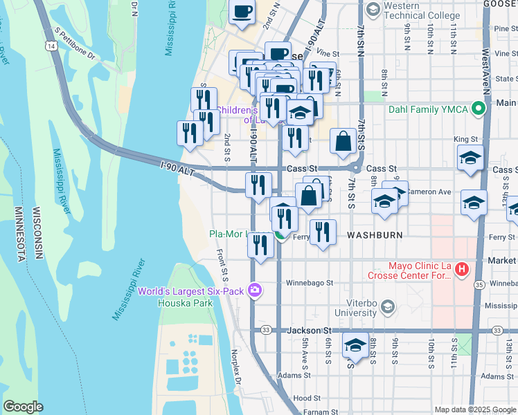 map of restaurants, bars, coffee shops, grocery stores, and more near 621 3rd Street South in La Crosse