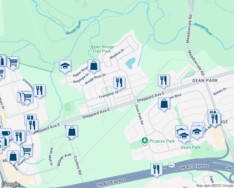 map of restaurants, bars, coffee shops, grocery stores, and more near in Toronto