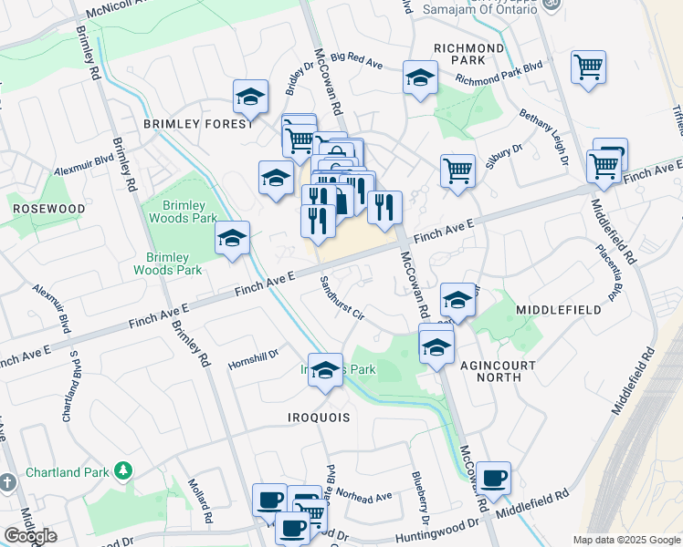 map of restaurants, bars, coffee shops, grocery stores, and more near 1571 Sandhurst Circle in Toronto