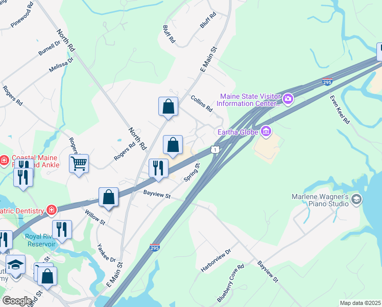 map of restaurants, bars, coffee shops, grocery stores, and more near 12 Juniper Ledge in Yarmouth