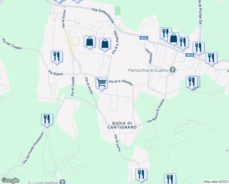 map of restaurants, bars, coffee shops, grocery stores, and more near 32 Via di San Pieretto in Capannori