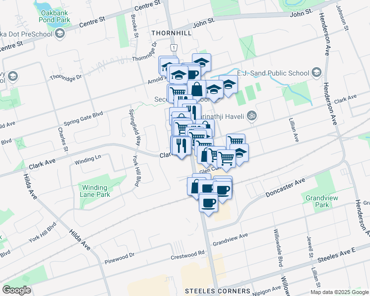 map of restaurants, bars, coffee shops, grocery stores, and more near 7411 Clark Avenue in York Regional Municipality