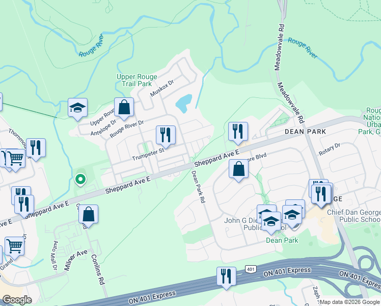 map of restaurants, bars, coffee shops, grocery stores, and more near 232 Rouge River Drive in Toronto