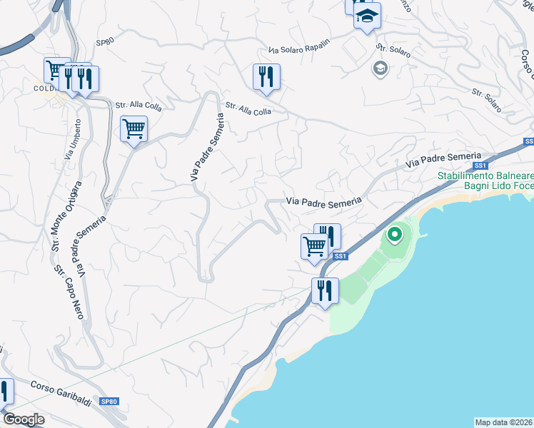 map of restaurants, bars, coffee shops, grocery stores, and more near 398 Via Padre Semeria in Sanremo