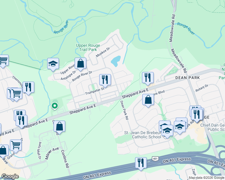 map of restaurants, bars, coffee shops, grocery stores, and more near 56 Coyote Crescent in Toronto