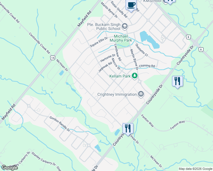 map of restaurants, bars, coffee shops, grocery stores, and more near 34 John Carroll Drive in Brampton