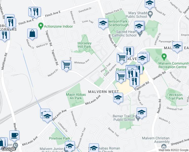 map of restaurants, bars, coffee shops, grocery stores, and more near in Toronto