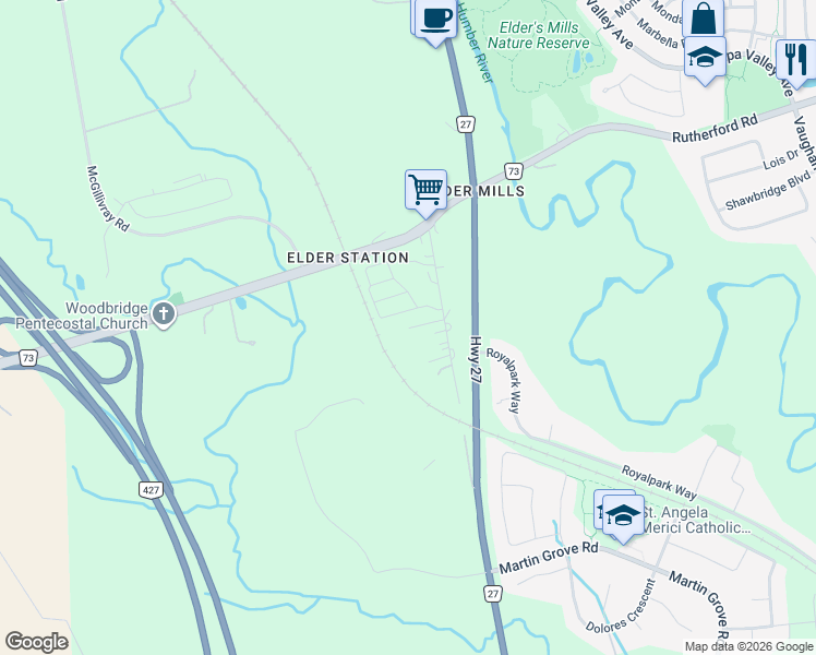 map of restaurants, bars, coffee shops, grocery stores, and more near 20 Di Benedetto Lane in Vaughan