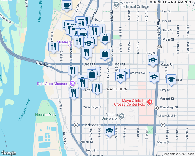 map of restaurants, bars, coffee shops, grocery stores, and more near 511 5th Avenue South in La Crosse